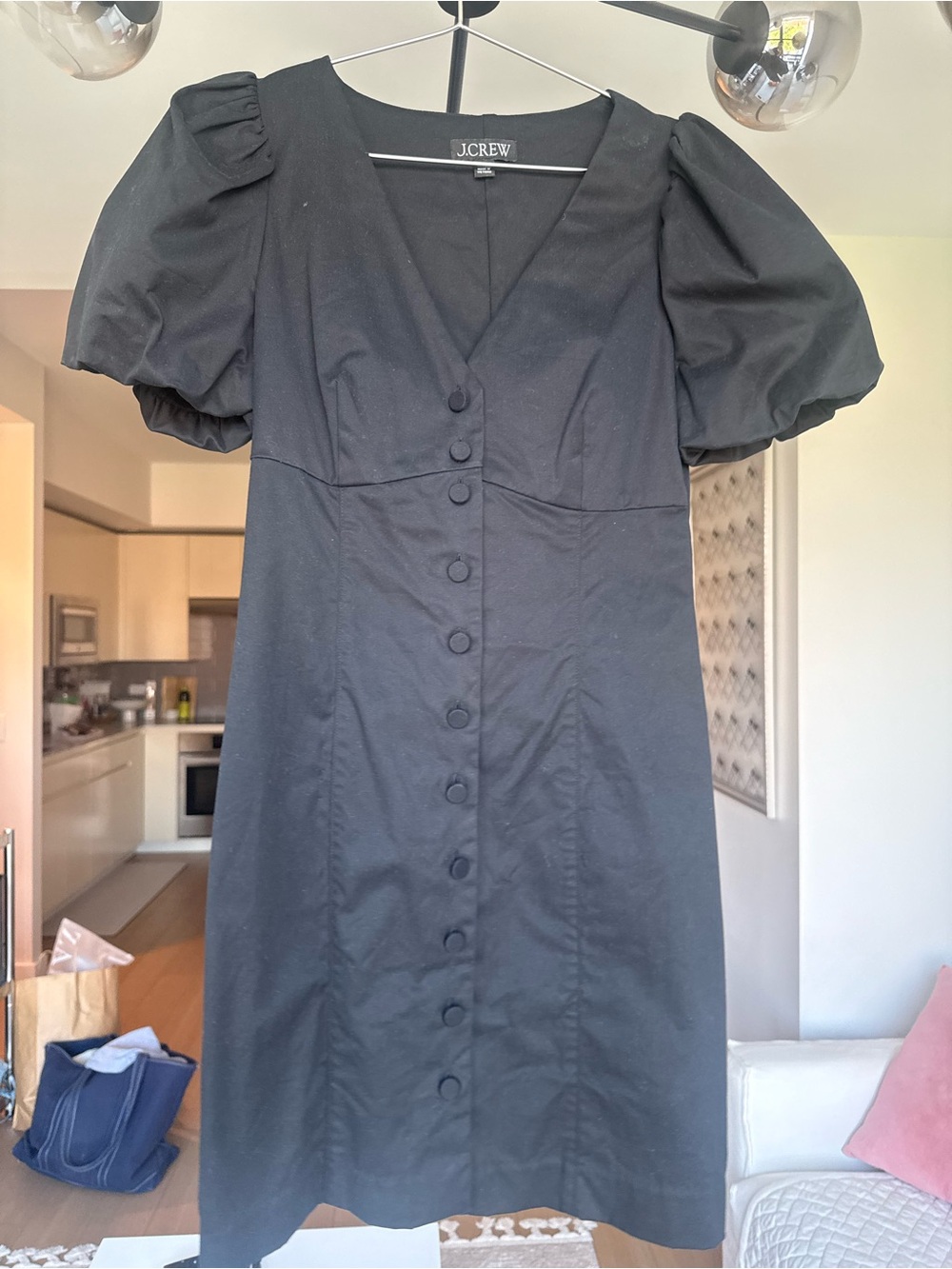 J. Crew Black Puff-Sleeve Button-Front Mini Dress